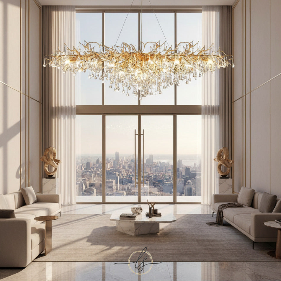 Ooze crystal chandelier by Lights of Scandinavia featured in Hollywood film It Ends With Us, luxury gold and silver K9 crystal lighting with drop-shaped accents and LED bulbs.