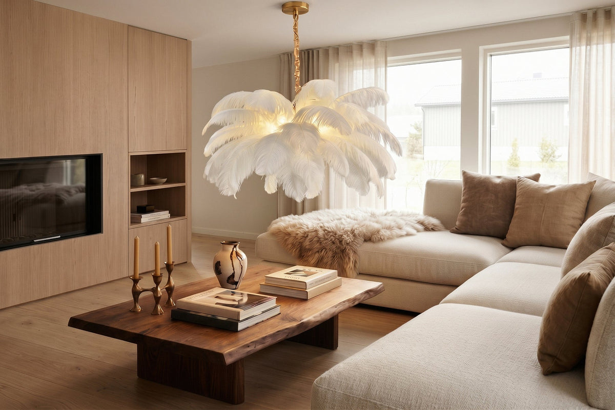 Eirlys ostrich feather pendant lamp in a warm Scandinavian living room with light wood, cream furniture and natural textures