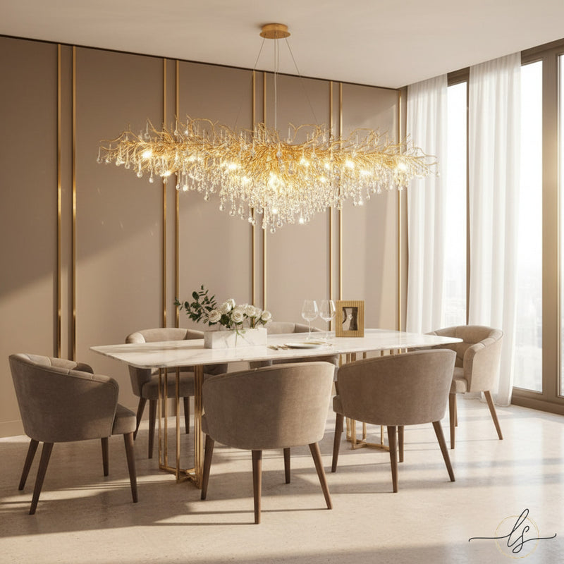 Modern luxury crystal chandelier with dripping crystal design, perfect for dining rooms, living rooms, and hotels, crafted with gold or silver aluminum frame.