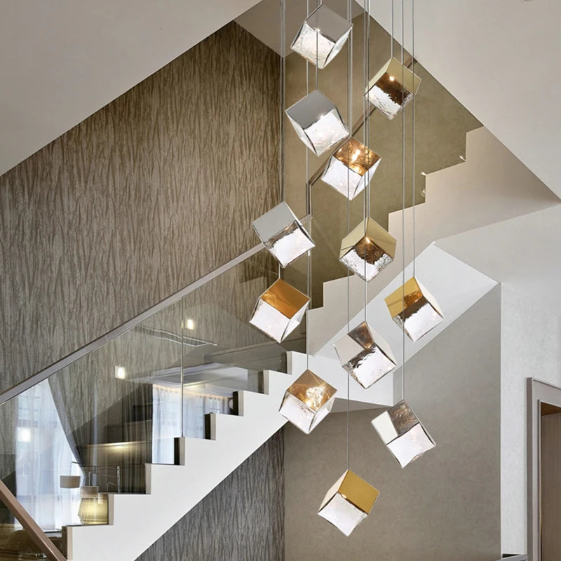 Robox Modern Stair Chandelier with LED lighting, adjustable warm/cold light, and creative glass blocks. Ideal for villas, duplexes, and restaurants, enhancing interiors with Scandinavian elegance and contemporary design.