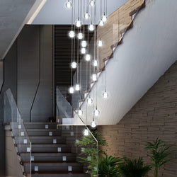 Polar Ball Stairs Chandelier with stainless steel frame and shimmering glass balls, showcasing modern design and icy elegance. Features energy-efficient LED G4 bulbs for bright, long-lasting illumination in contemporary interiors.